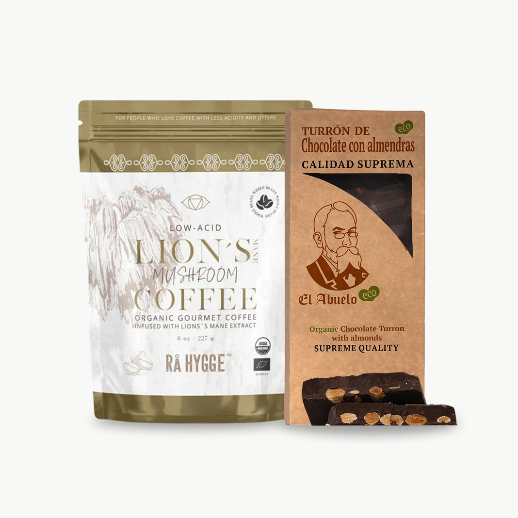 Lion’s Mane mushroom coffee with organic chocolate almond nougat turron wellness gift bundle