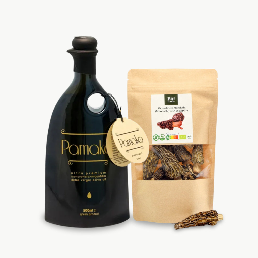 Pamako ultra premium organic extra virgin olive oil with dried organic morel mushrooms gourmet bundle
