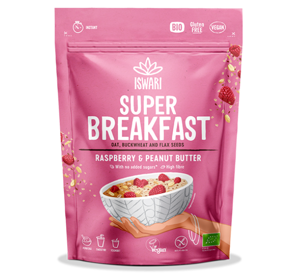 Vegan oat and buckwheat breakfast with raspberry and peanut butte