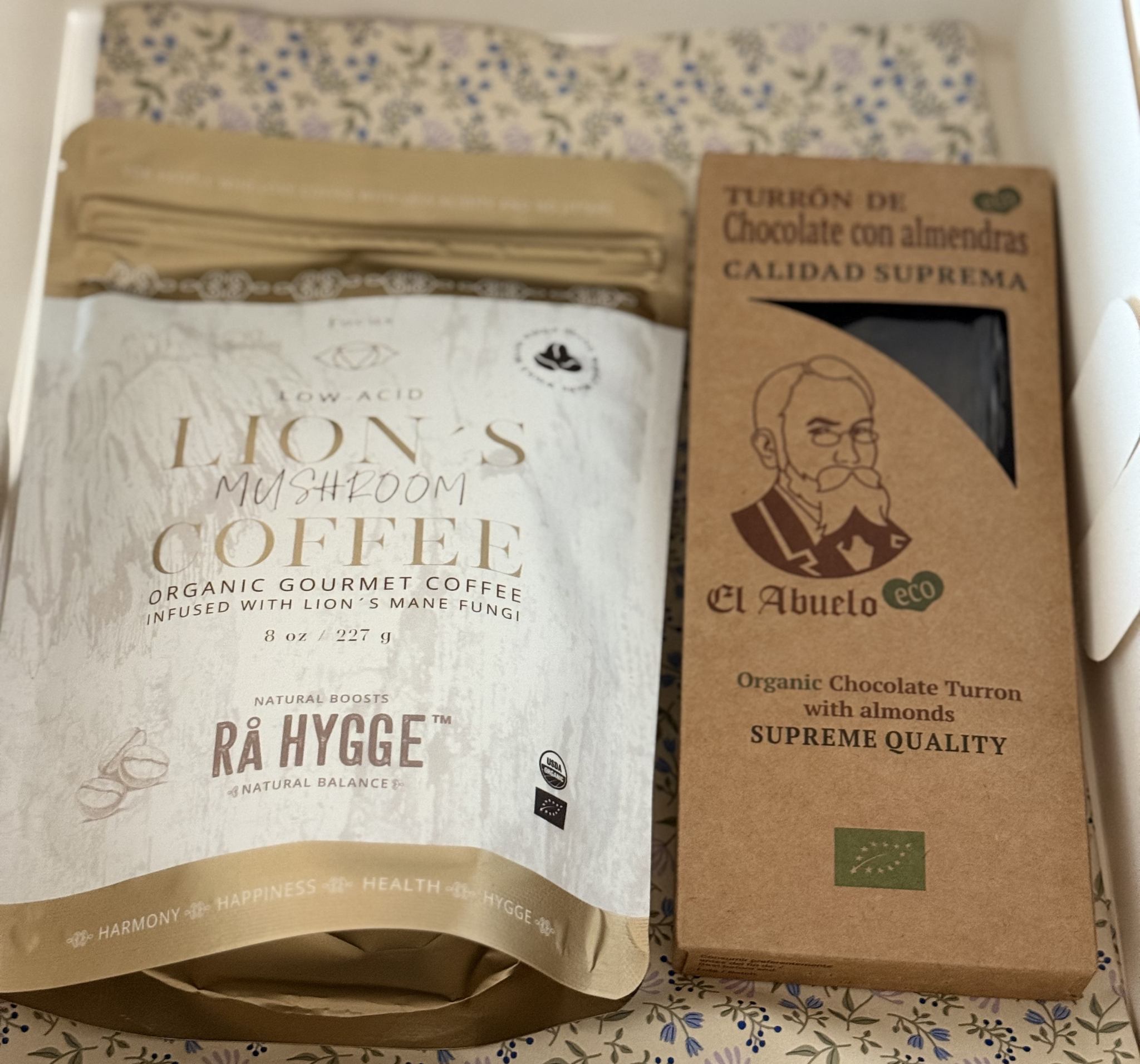 A package of Lion's Mane coffee and  El Abuelo organic chocolate turron premium and certified organic gift collection.