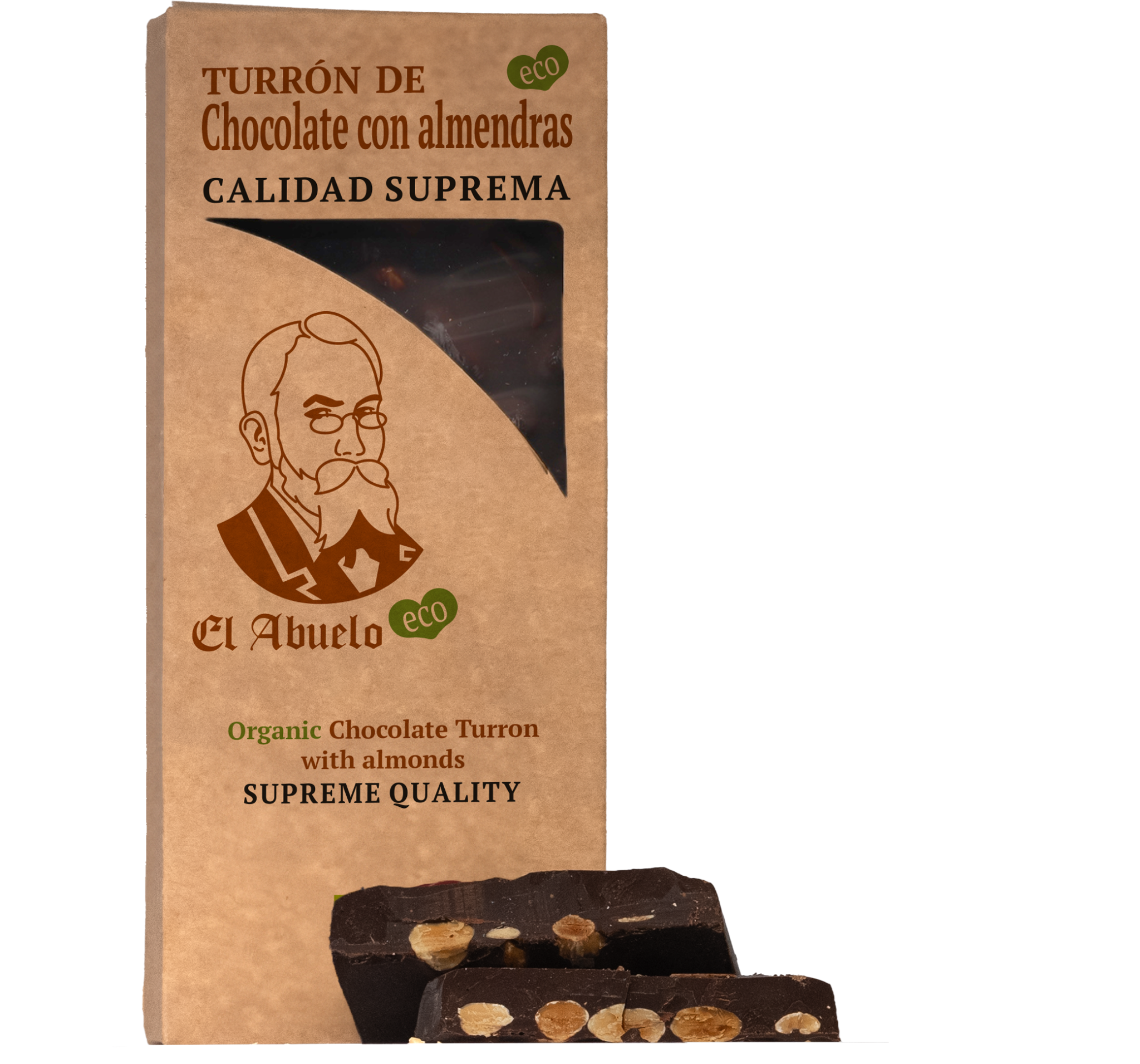 Elegant vegan chocolate packaging with whole almonds, organic gourmet style. Chocolate turron from Jijona.