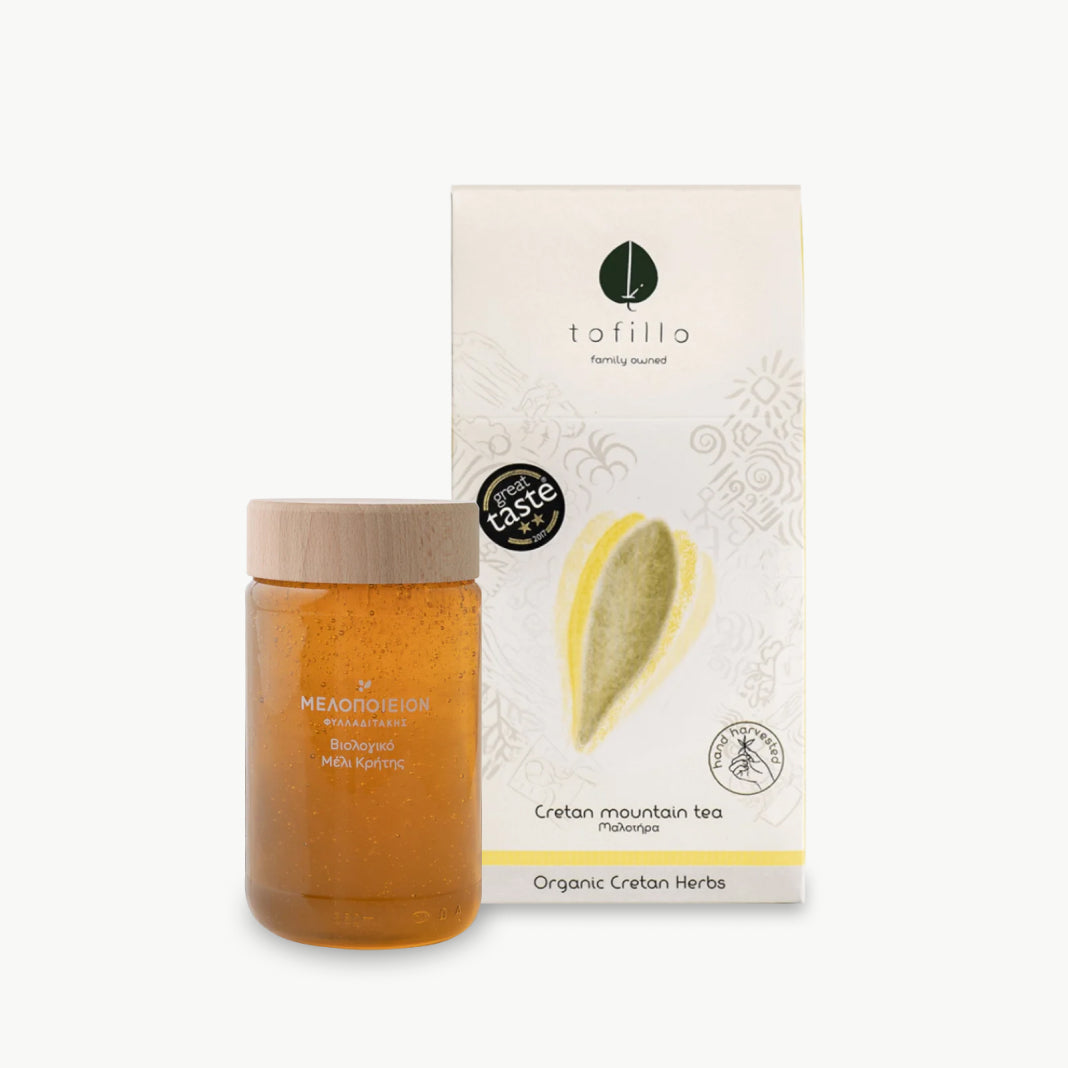 Organic Cretan thyme honey with organic mountain tea herbal blend wellness gift set