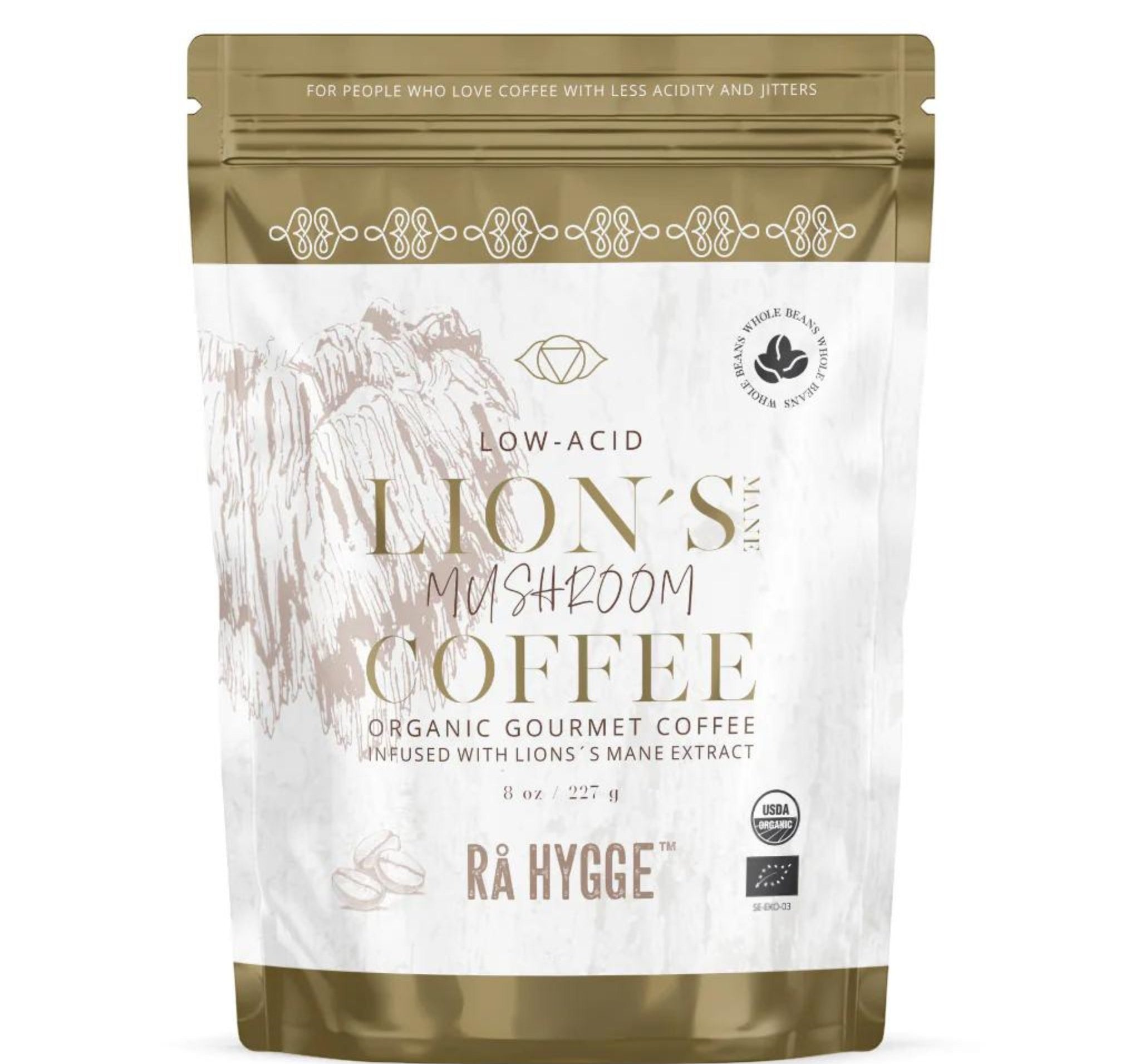 A package of Organic Lion’s Mane mushroom coffee blend for focus and energy available at The Bio Foods.