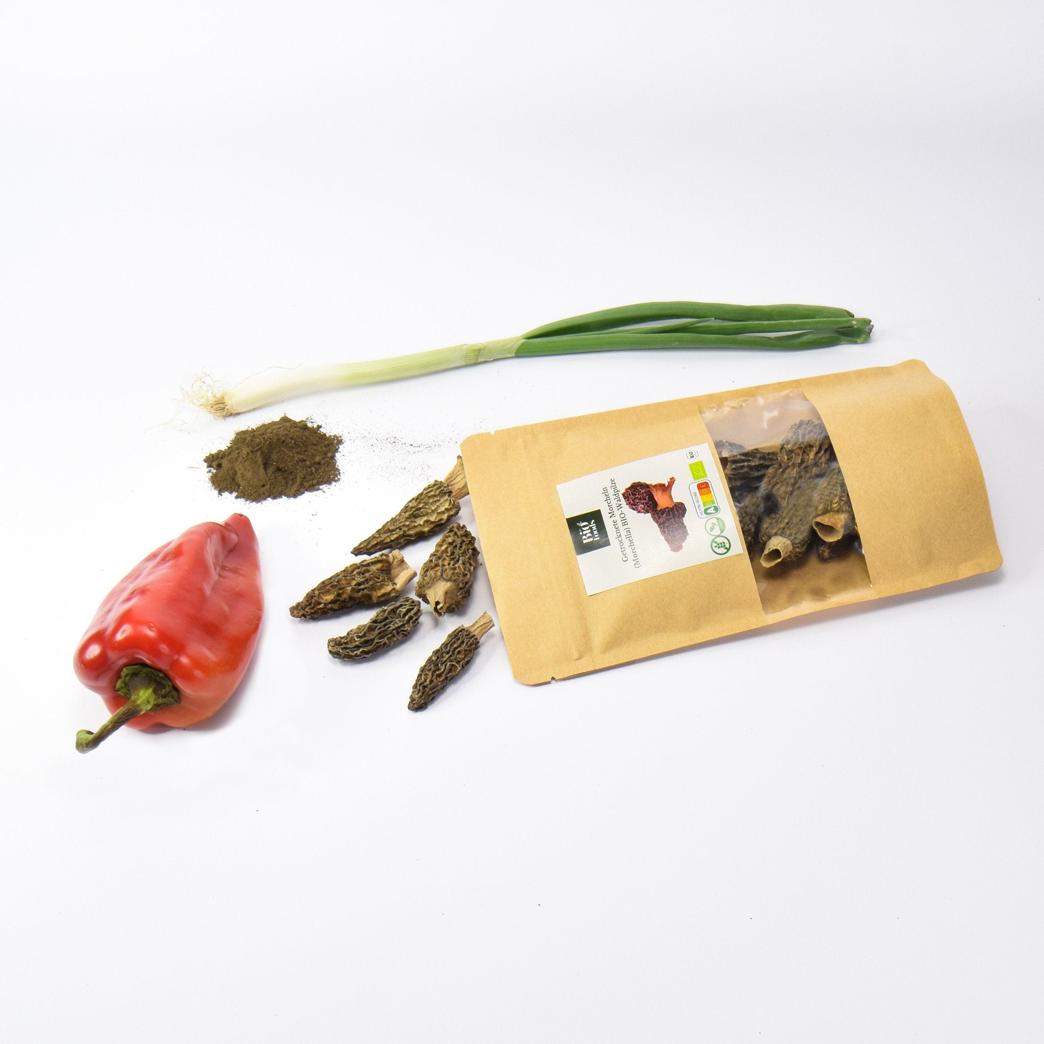 Pamako olive oil bottle with organic dried morel mushrooms