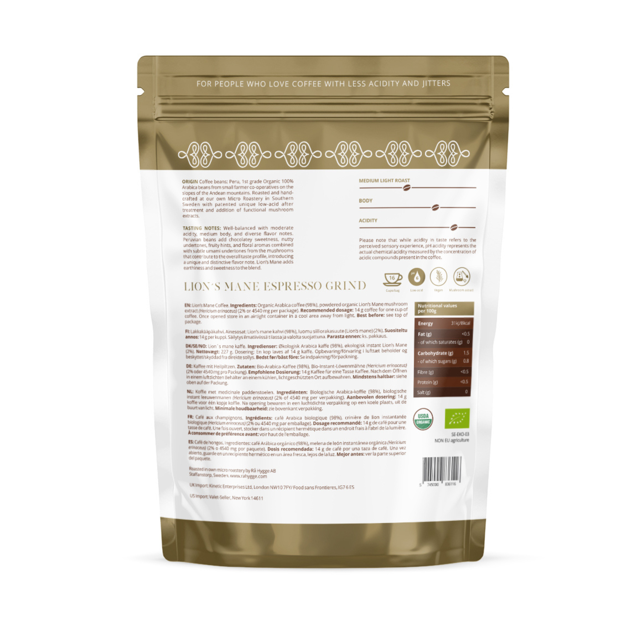 Organic Lion’s Mane mushroom coffee blend for focus and energy available at The Bio Foods. Kaffee mit Löwenmähnenpilz.