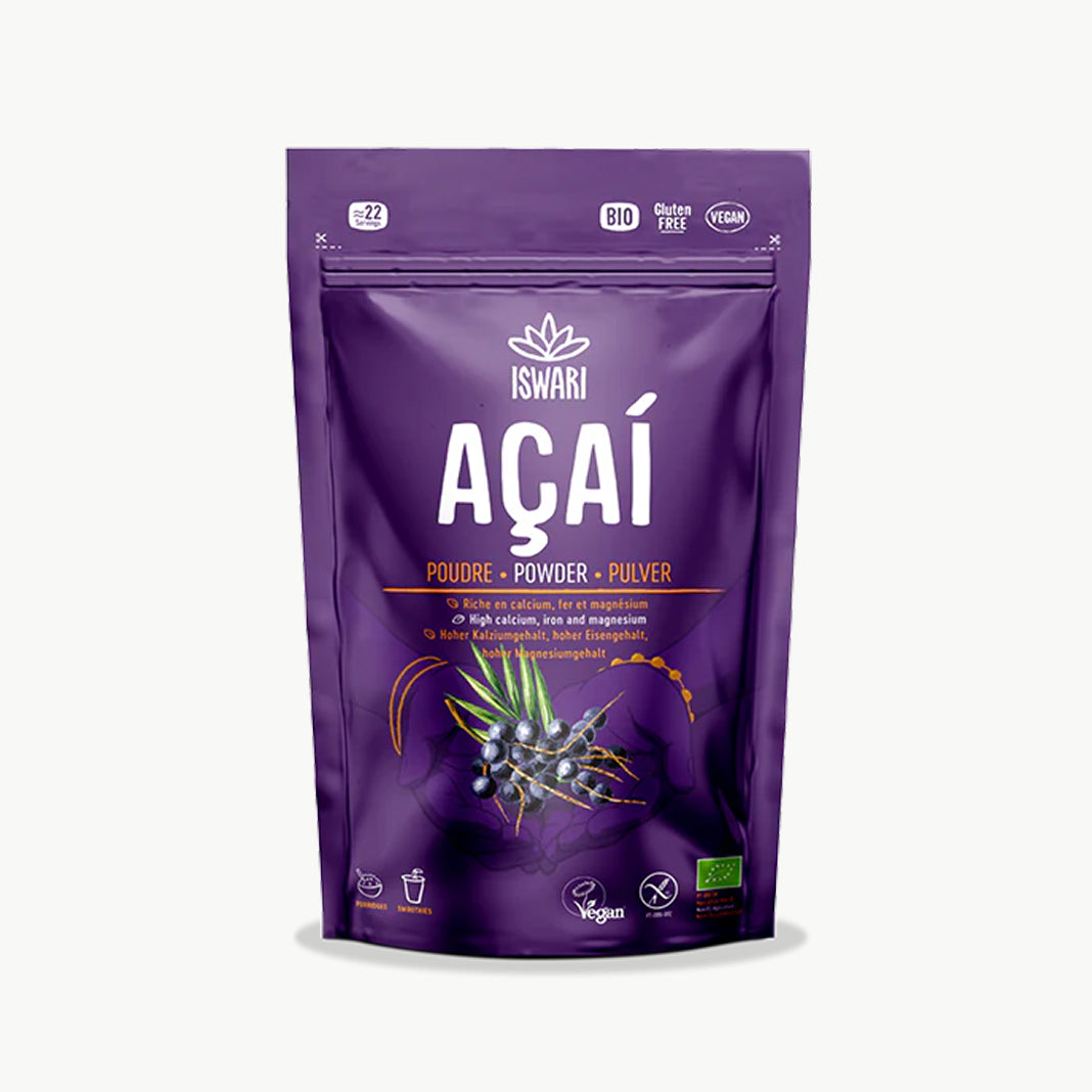 Organic acai berry powder superfood in purple packaging