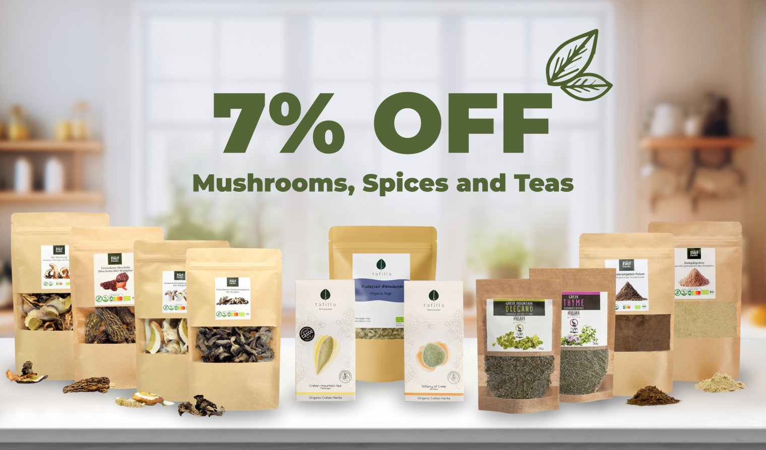 Newsletter promotion banner showing 7% discount on organic mushrooms, spices, and teas with various packaged products displayed on a kitchen counter.
